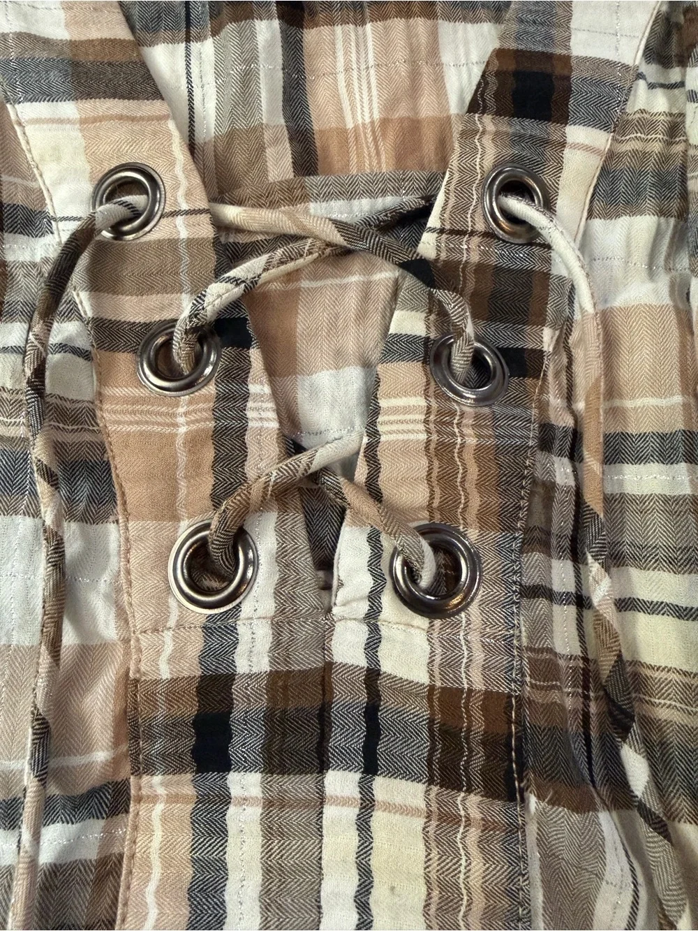 ANTHROPOLOGIE Long-Sleeve Lace-up Dolman Blouse Neutral Pattern Plaid S - Picture 8 of 12